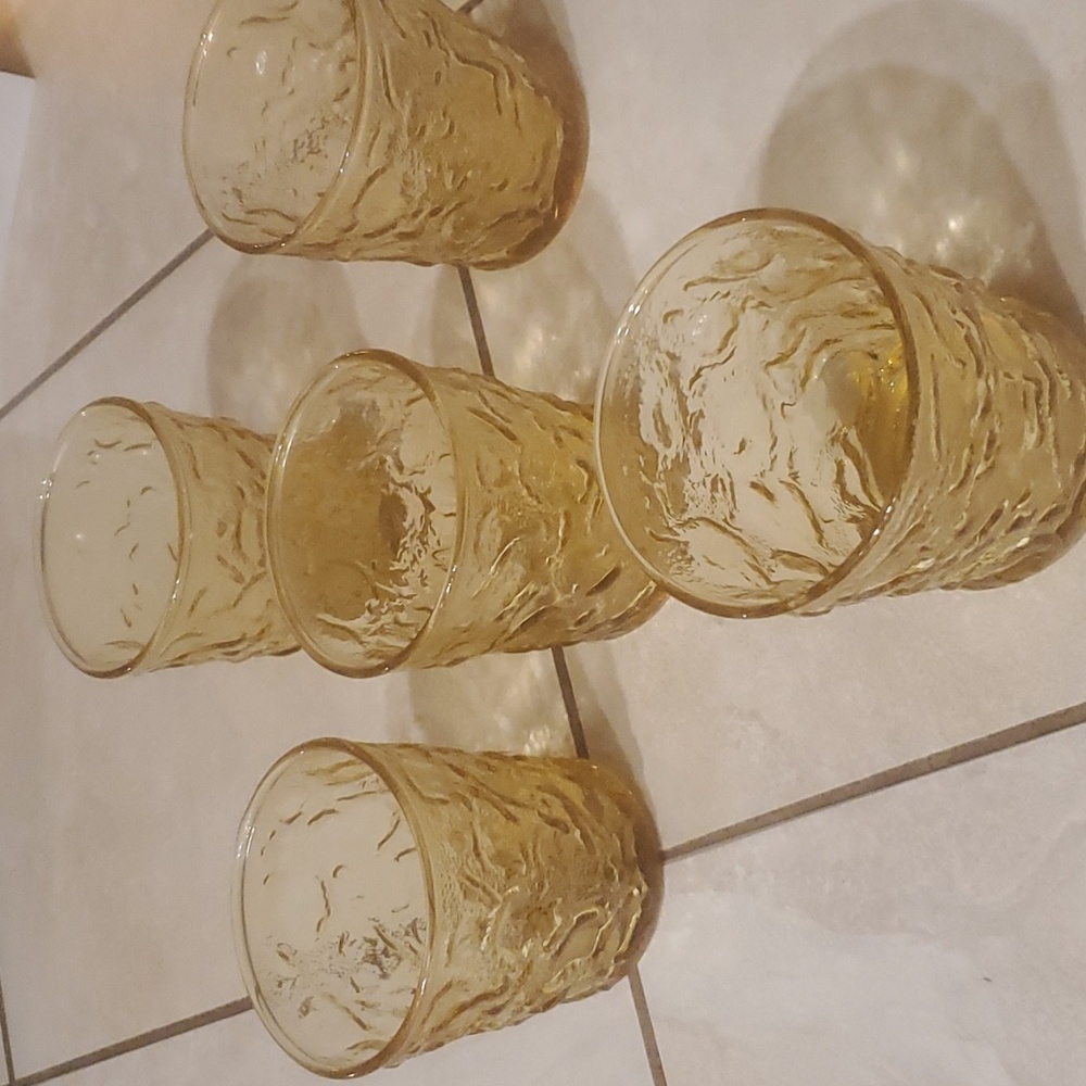 Set of 5 Vintage Amber Crinkle Drinking Glasses 4oz